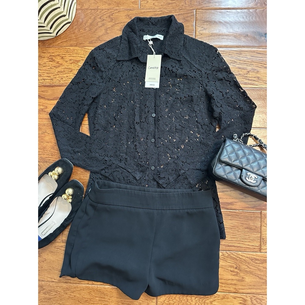 NWT Mango MNG Womens Size 4 Small Black Lace Button Down Shirt Floral Sheer Top